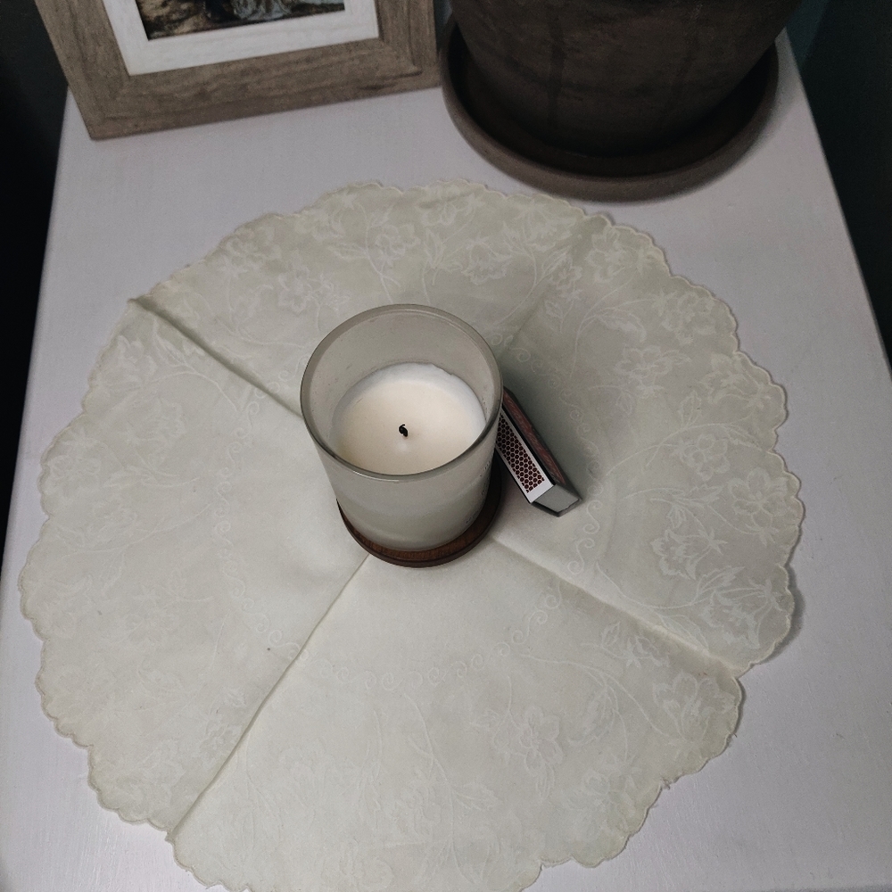 Vintage Off White Round Handkerchief Floral Design